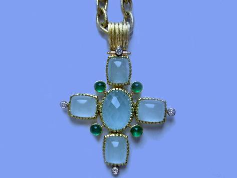 18k Aquamarine & Emerald Cross Pendant